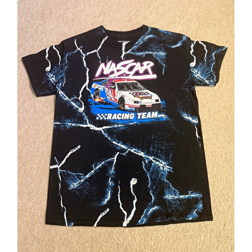 NASCAR Racing Team Graphic T Shirt Black All Over Print Race Car Y2K Style